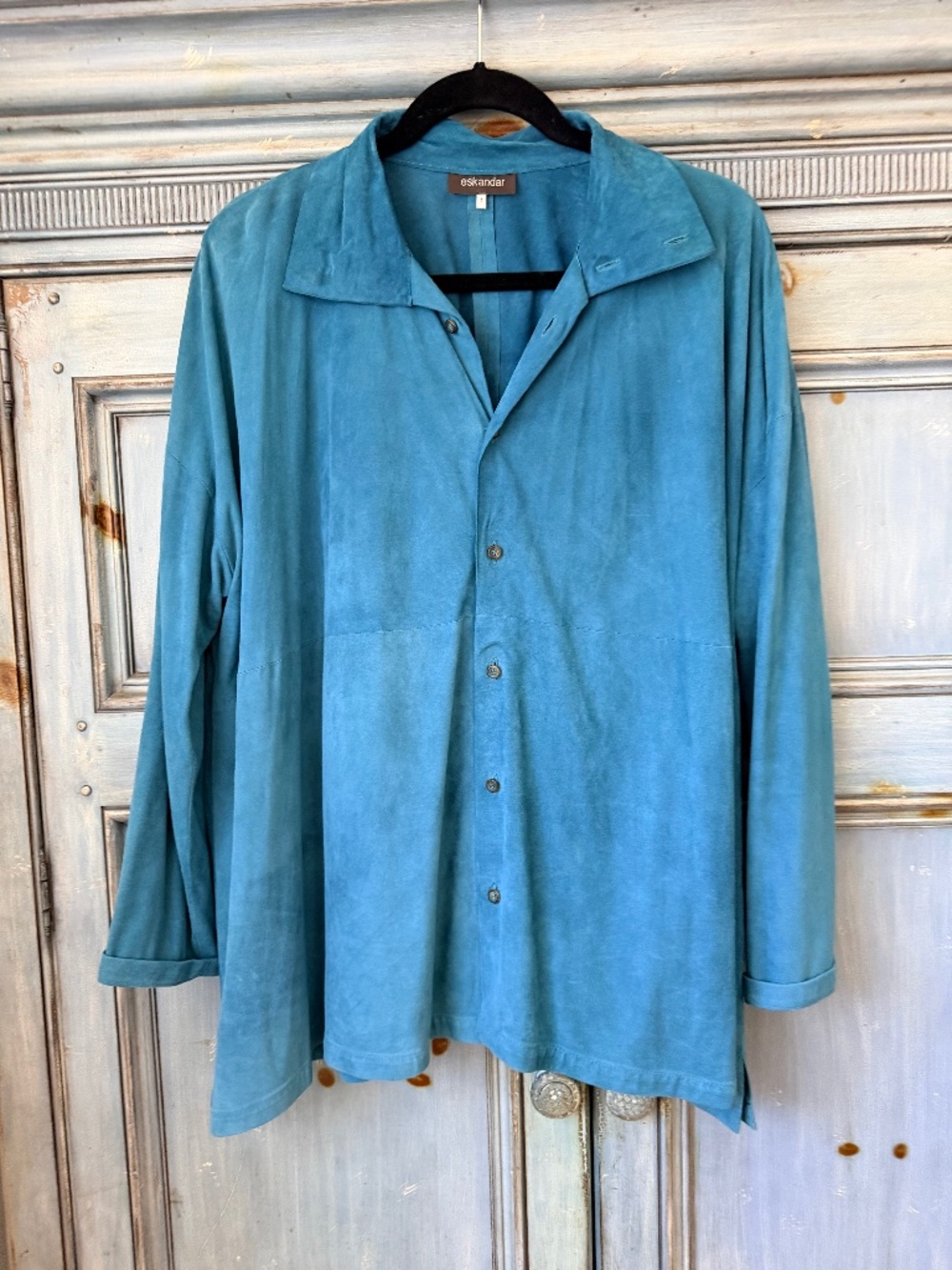 Eskandar Turquoise Super Soft Suede Button Front Shirt Size 1 (S/M)